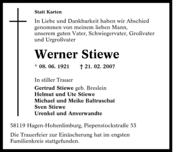 Traueranzeige von Werner Stiewe von Tageszeitung