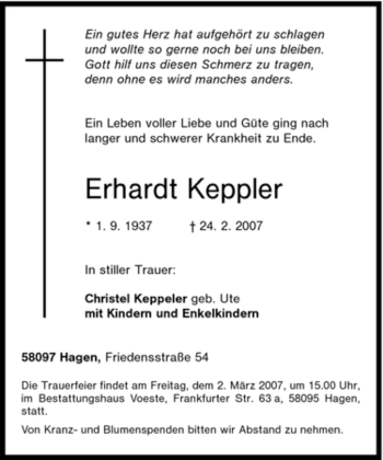 Traueranzeige von Erhardt Keppler von Tageszeitung