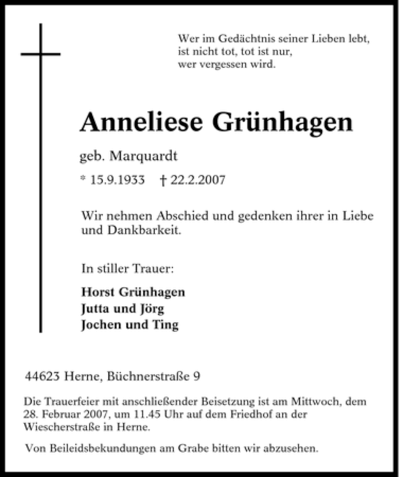  Traueranzeige für Anneliese Grünhagen vom 27.02.2007 aus Tageszeitung