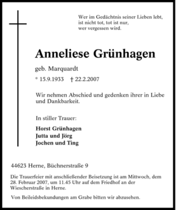 Traueranzeige von Anneliese Grünhagen von Tageszeitung