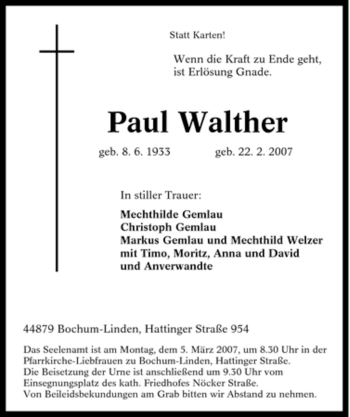 Traueranzeige von Paul Walther von Tageszeitung