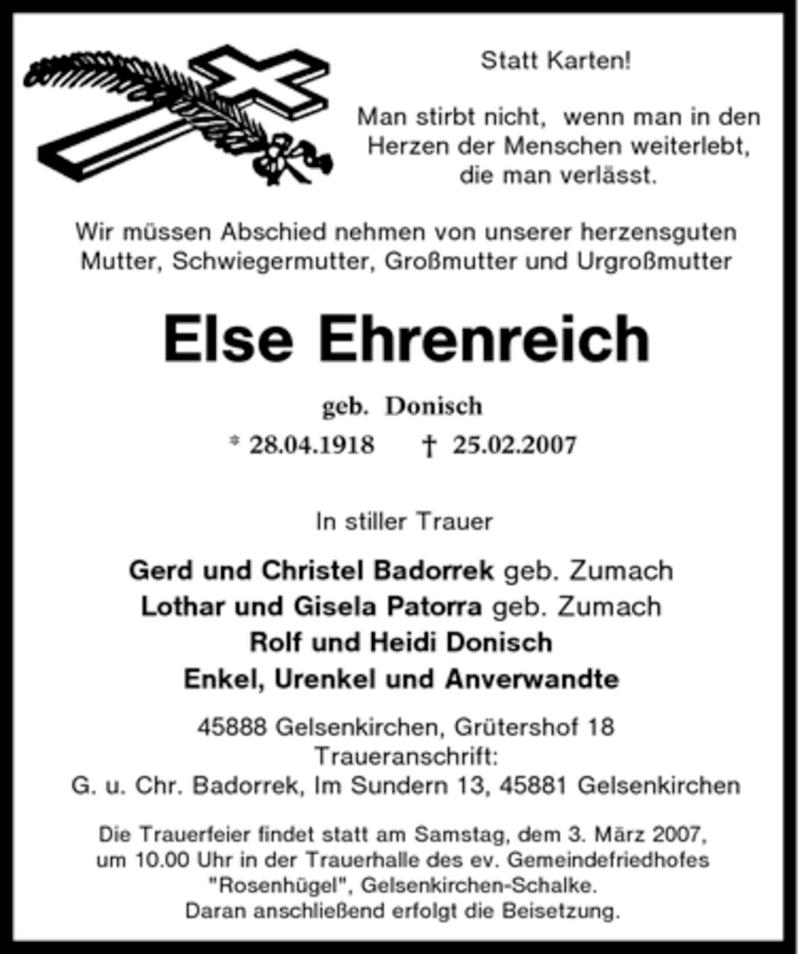  Traueranzeige für Else Ehrenreich vom 27.02.2007 aus Tageszeitung