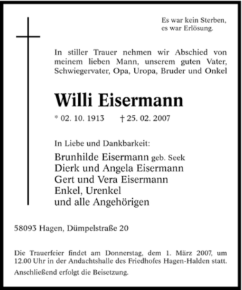 Traueranzeige von Willi Eisermann von Tageszeitung