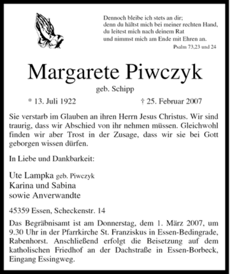  Traueranzeige für Margarete Piwczyk vom 27.02.2007 aus Tageszeitung