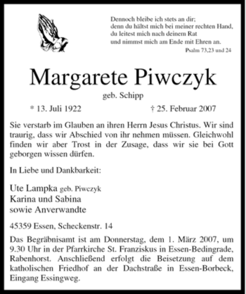 Traueranzeige von Margarete Piwczyk von Tageszeitung