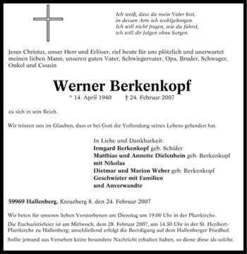 Traueranzeige von Werner Berkenkopf von Tageszeitung