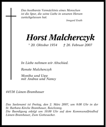 Traueranzeige von Horst Malcherczyk von Tageszeitung