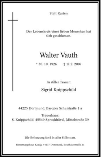 Traueranzeige von Walter Vauth von Tageszeitung