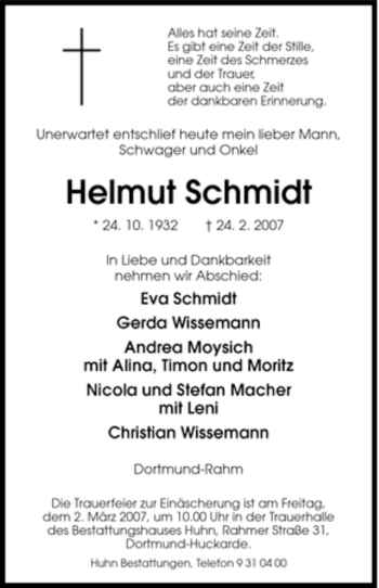 Traueranzeige von Helmut Schmidt von Tageszeitung