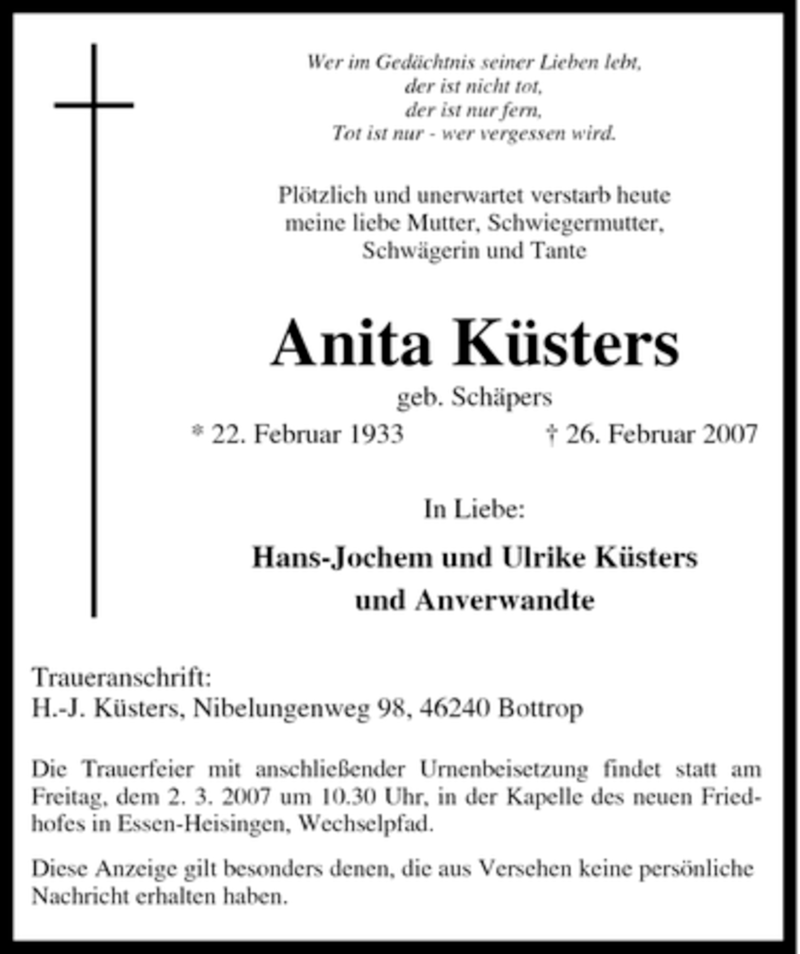  Traueranzeige für Anita Küsters vom 28.02.2007 aus Tageszeitung