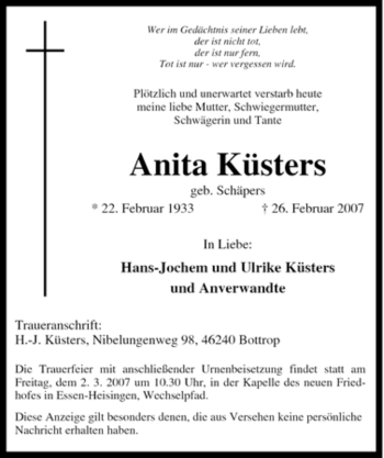 Traueranzeige von Anita Küsters von Tageszeitung