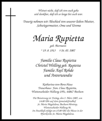 Traueranzeige von Maria Rupietta von Tageszeitung