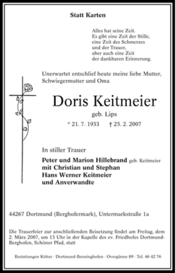 Traueranzeige von Doris Keitmeier von Tageszeitung