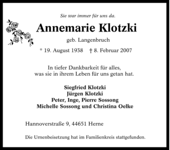 Traueranzeige von Annemarie Klotzki von Tageszeitung