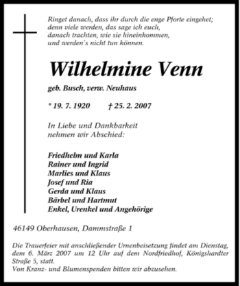 Traueranzeige von Wilhelmine Venn von Tageszeitung