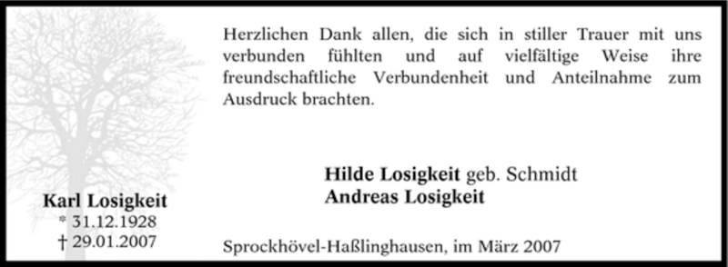  Traueranzeige für Karl Losigkeit vom 03.03.2007 aus Tageszeitung