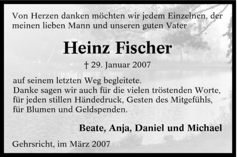 Traueranzeige für Heinz Fischer vom 07.03.2007 aus Tageszeitung