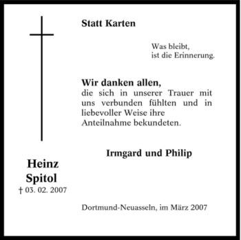 Traueranzeige von Heinz Spitol von Tageszeitung