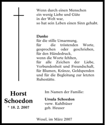 Traueranzeige von Horst Schoedon von Tageszeitung