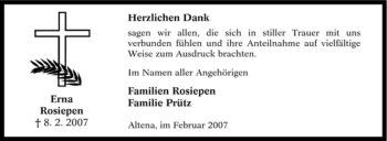 Traueranzeige von Erna Rosiepen von Tageszeitung