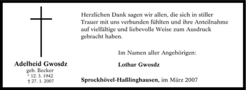  Traueranzeige für Adelheid Gwosdz vom 10.03.2007 aus Tageszeitung
