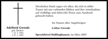 Traueranzeige von Adelheid Gwosdz von Tageszeitung