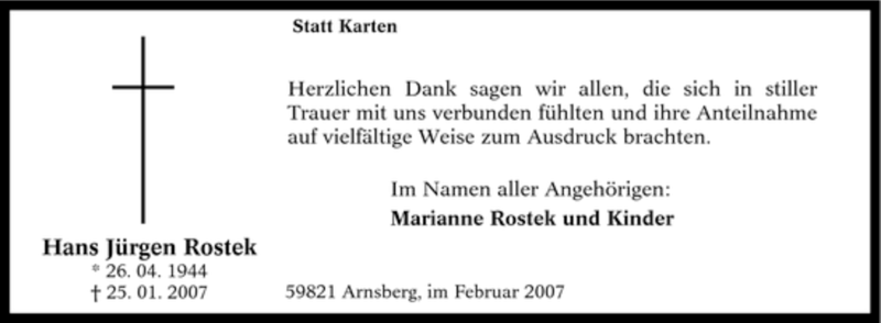  Traueranzeige für Hans Jürgen Rostek vom 10.03.2007 aus Tageszeitung