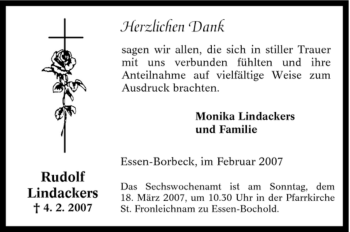 Traueranzeige von Rudolf Lindackers von Tageszeitung