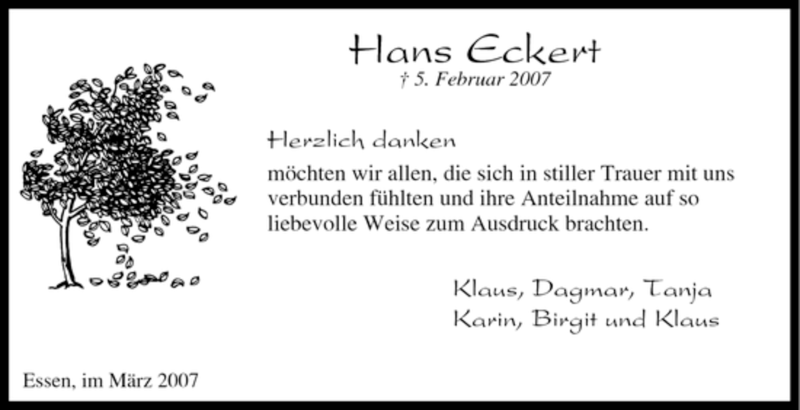  Traueranzeige für Hans Eckert vom 10.03.2007 aus Tageszeitung