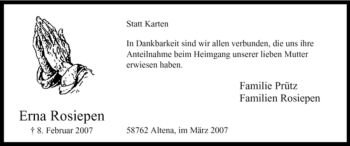 Traueranzeige von Erna Rosiepen von Tageszeitung