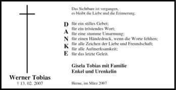 Traueranzeige von Werner Tobias von Tageszeitung