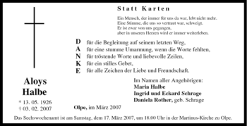 Traueranzeige von Aloys Halbe von Tageszeitung