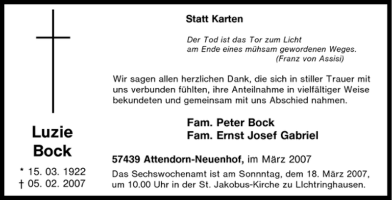  Traueranzeige für Luzie Bock vom 14.03.2007 aus Tageszeitung