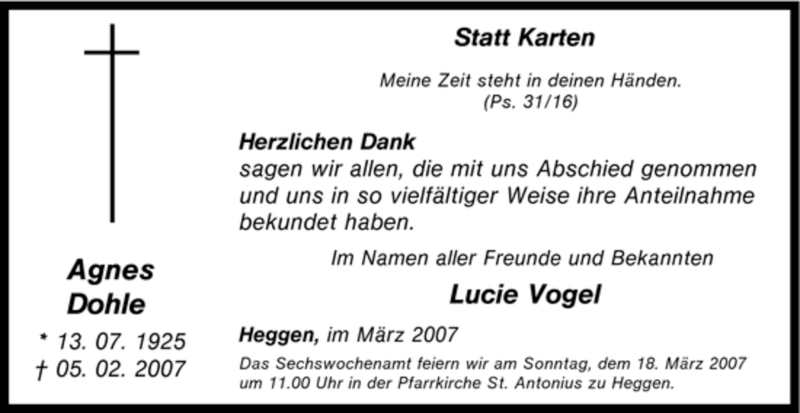  Traueranzeige für Agnes Dohle vom 15.03.2007 aus Tageszeitung