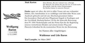 Traueranzeige von Wolfgang Baron von Tageszeitung