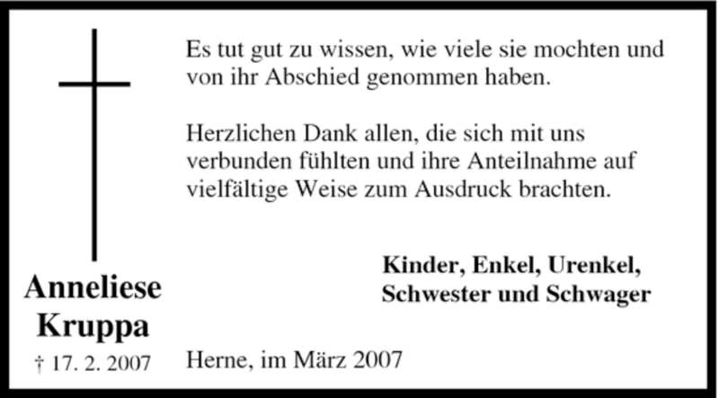  Traueranzeige für Anneliese Kruppa vom 15.03.2007 aus Tageszeitung