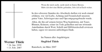 Traueranzeige von Werner Thiele von Tageszeitung