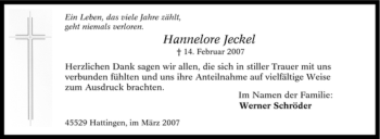 Traueranzeige von Hannelore Jeckel von Tageszeitung