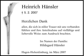 Traueranzeige von Heinrich Hänsler von Tageszeitung