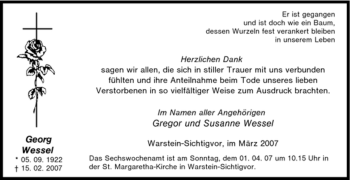Traueranzeige von Georg Wessel von Tageszeitung