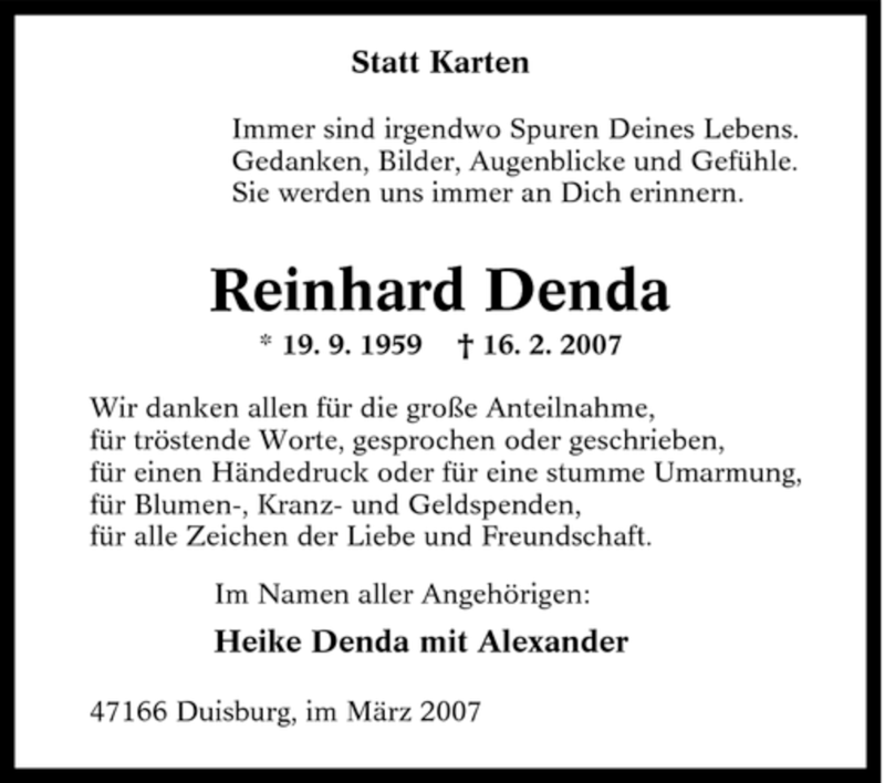  Traueranzeige für Reinhard Denda vom 17.03.2007 aus Tageszeitung