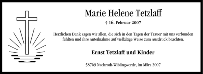  Traueranzeige für Marie Helene Tetzlaff vom 20.03.2007 aus Tageszeitung