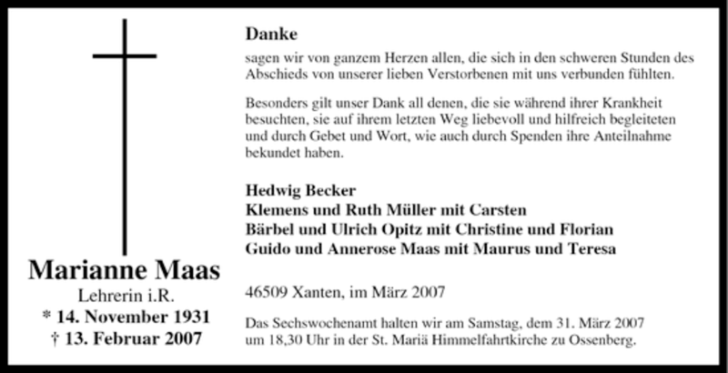  Traueranzeige für Marianne Maas vom 21.03.2007 aus Tageszeitung