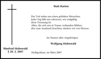 Traueranzeige von Manfred Hohnwald von Tageszeitung
