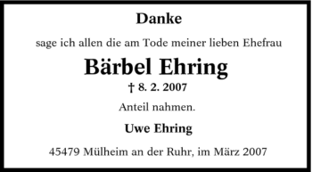 Traueranzeige von Bärbel Ehring von Tageszeitung