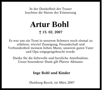 Traueranzeige von Artur Bohl von Tageszeitung