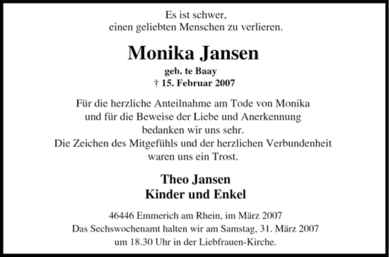  Traueranzeige für Monika Jansen vom 24.03.2007 aus Tageszeitung
