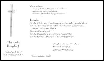 Traueranzeige von Elisabeth Berghoff von Tageszeitung