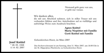Traueranzeige von Josef Knittel von Tageszeitung