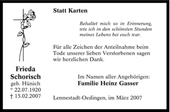 Traueranzeige von Frieda Schorisch von Tageszeitung